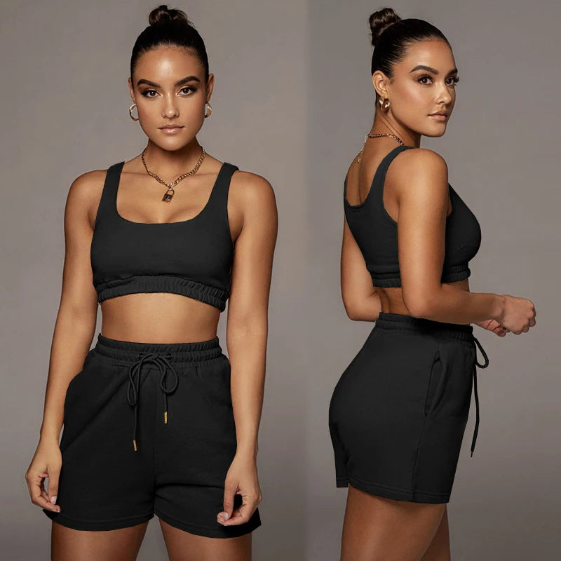 Crop Tops And Drawstring Shorts Set Sexy U-Neck Fitness Tank Top Summer Athleisure Biker Shorts Two Piece Sets Women Streetwear