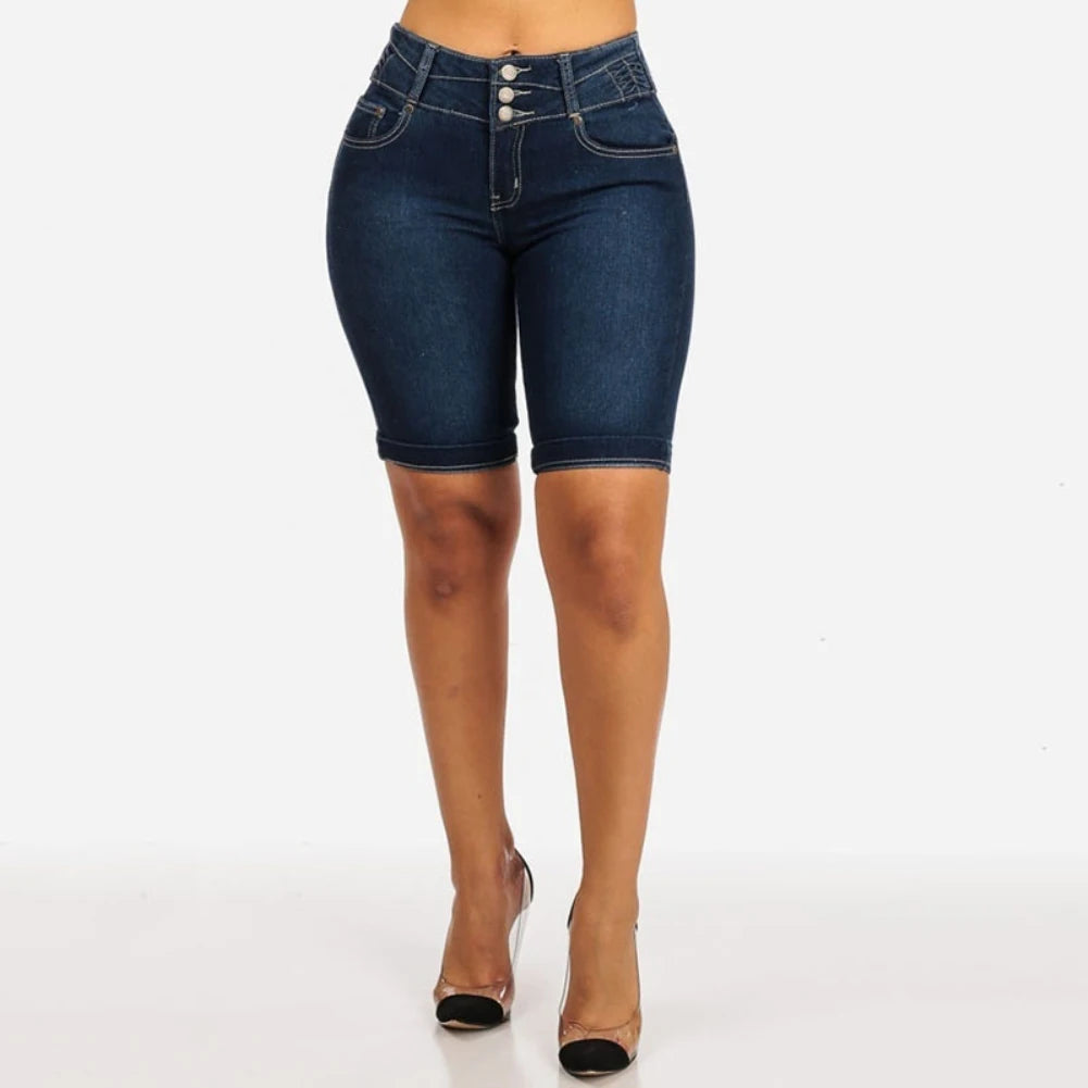 New Sexy Fashion Women Ladies Denim Skinny Shorts High Waist Stretch Bodycon Jeans Slim Shorts Knee Length Stretch Short Jeans