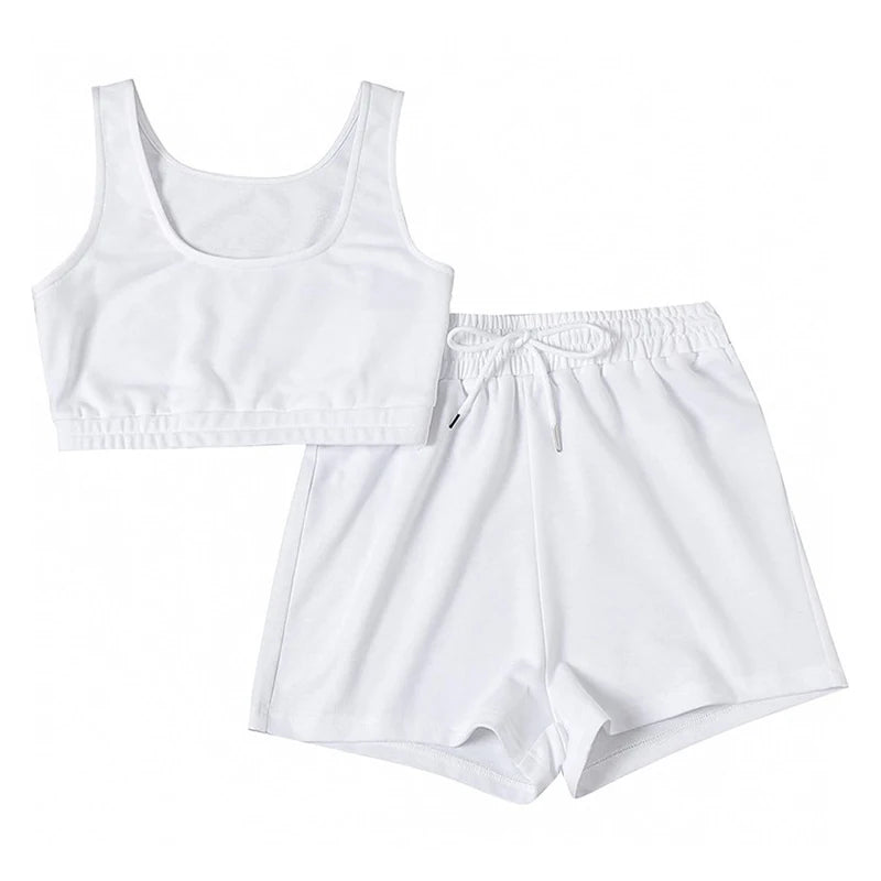 Crop Tops And Drawstring Shorts Set Sexy U-Neck Fitness Tank Top Summer Athleisure Biker Shorts Two Piece Sets Women Streetwear