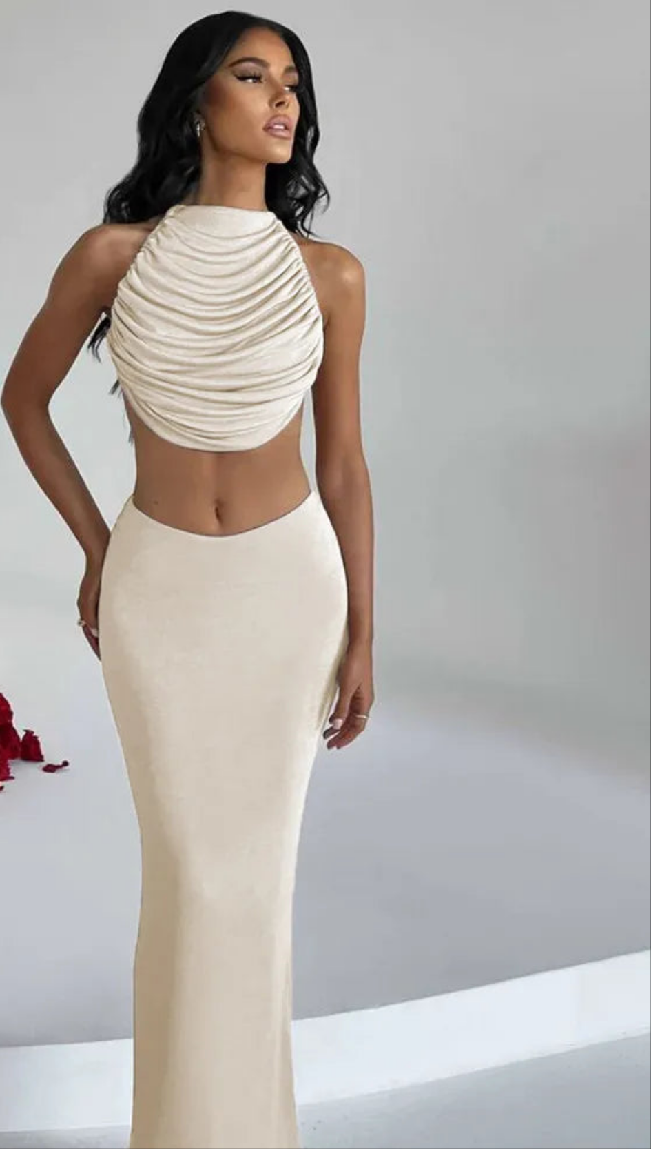 Solid Hipster 2 Piece Set Women Elegant Simple Ruched Bare Midriff Top+Slim Full Skirts Lady High Street Coordinate Outfit