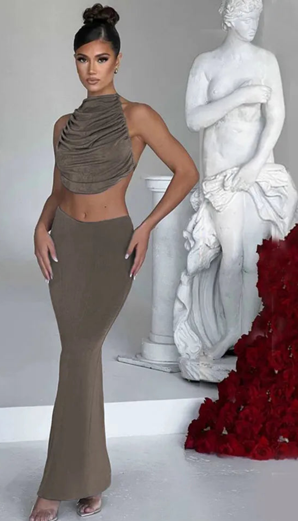 Solid Hipster 2 Piece Set Women Elegant Simple Ruched Bare Midriff Top+Slim Full Skirts Lady High Street Coordinate Outfit