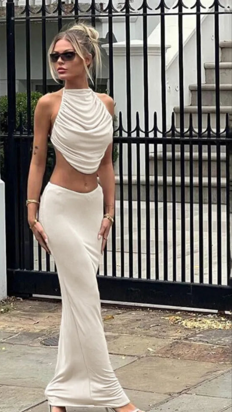 Solid Hipster 2 Piece Set Women Elegant Simple Ruched Bare Midriff Top+Slim Full Skirts Lady High Street Coordinate Outfit