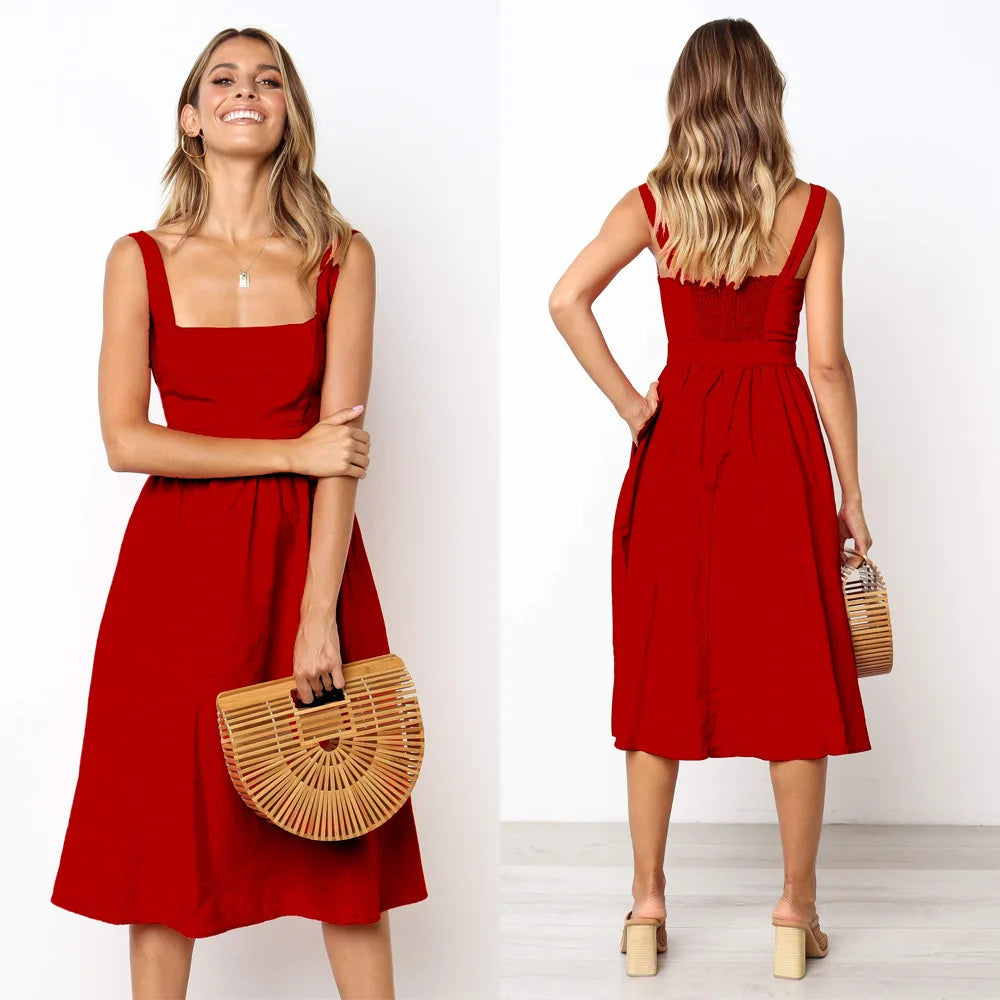 Casual Simple Solid Sundress Women High Waist Sleeveless Slash Neck Midi A-line Dress Oversized White Black Red Long Dresses