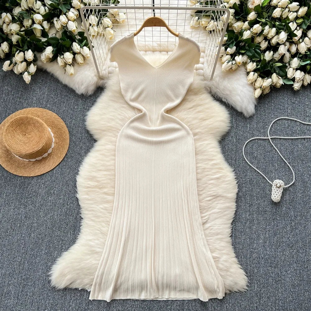 Women Chic Sleeveless Sexy Slim Bodycon Solid Dress Fashion Knit Tight Vestido Elegant Slim Trumpet Dresss