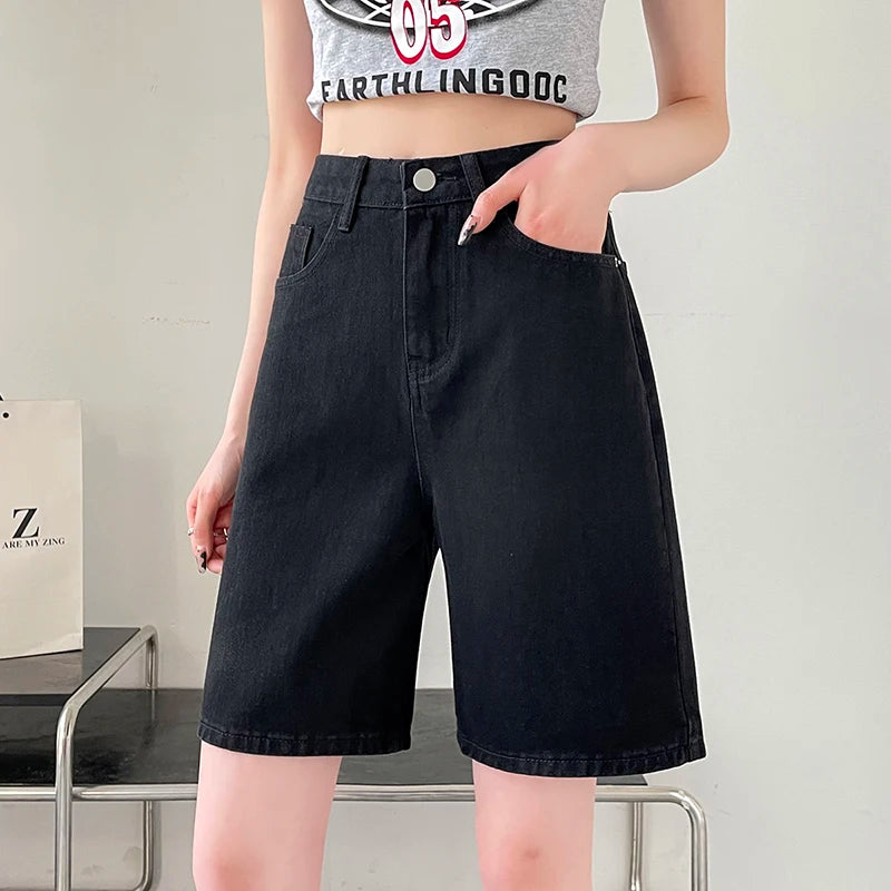 2024 Summer New Women Shorts Jeans Baggy Straight Vintage Streetwear Jeans Shorts Women Clothing Blue Black  Y2K