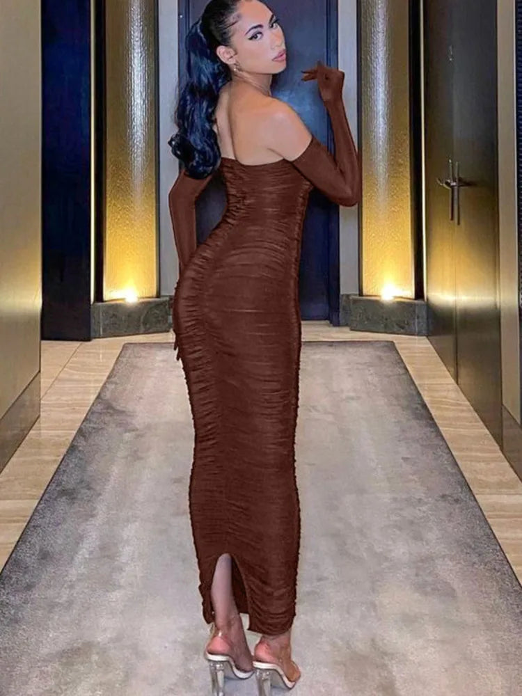 Sleeve Long Dress For Women Gown Summer Off-shoulder Backless Ruched Maxi Dress Vestido