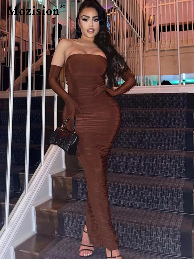Sleeve Long Dress For Women Gown Summer Off-shoulder Backless Ruched Maxi Dress Vestido