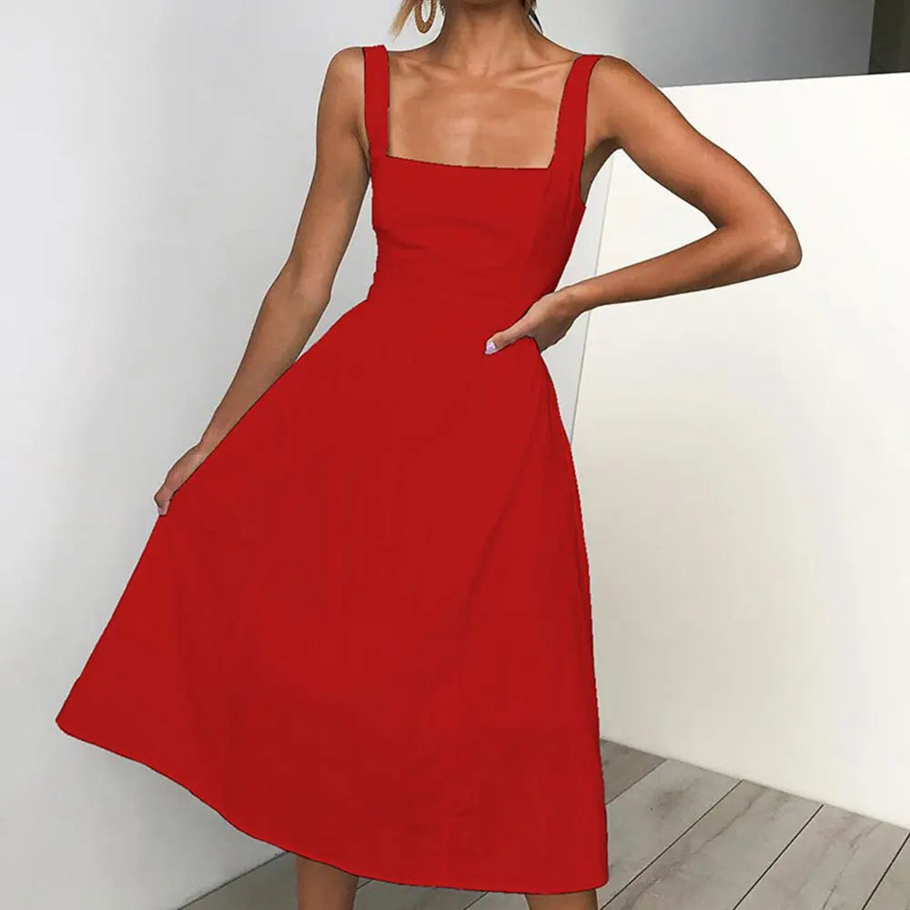 Casual Simple Solid Sundress Women High Waist Sleeveless Slash Neck Midi A-line Dress Oversized White Black Red Long Dresses