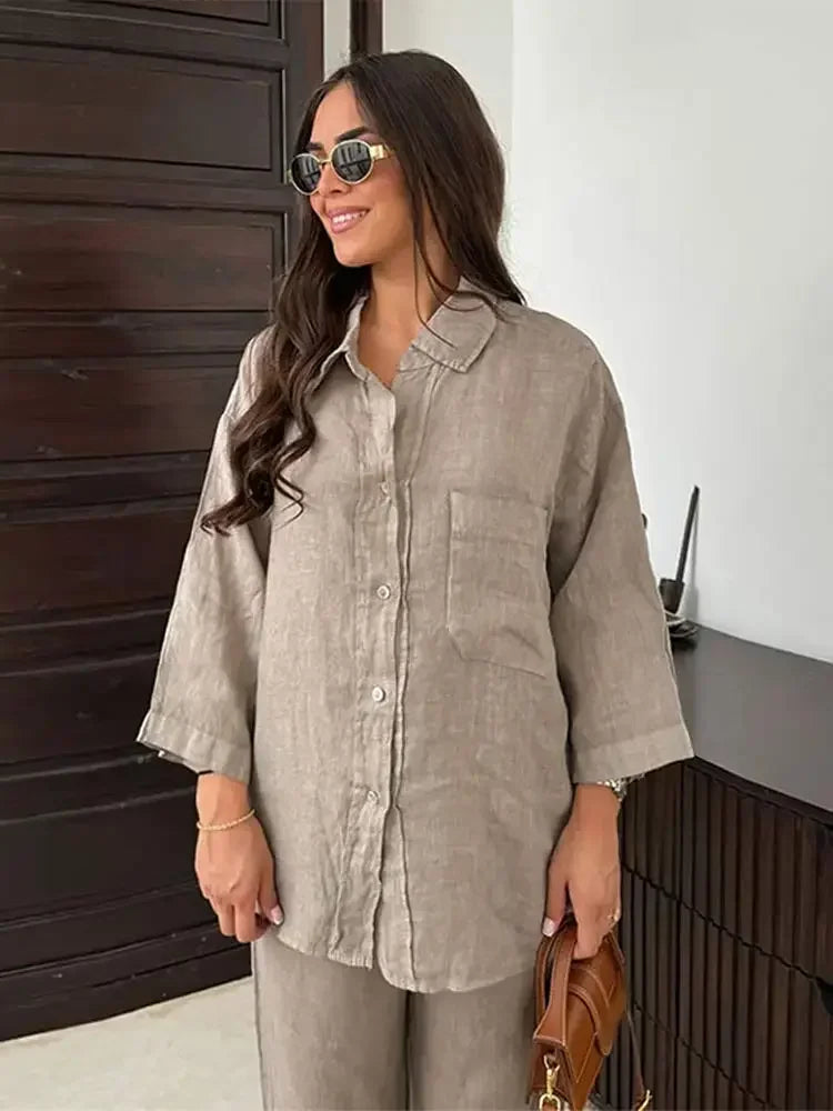 Casual Solid Elastic Waist Pant 2 Pcs Set Women Fashion Lapel V Neck Long Sleeve Single Breasted Shirt Suits Lady Loose Homewear