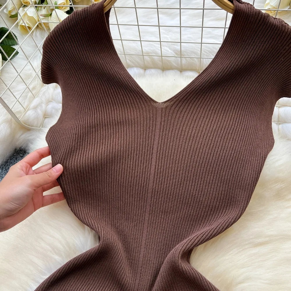 Women Chic Sleeveless Sexy Slim Bodycon Solid Dress Fashion Knit Tight Vestido Elegant Slim Trumpet Dresss