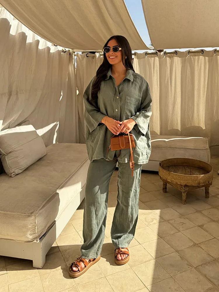 Chic Loose Solid Cotton Linen Shirt Pants Sets For Women 2 Pieces Lapel Long Sleeves Single Breast Blouse Straight Trousers Suit