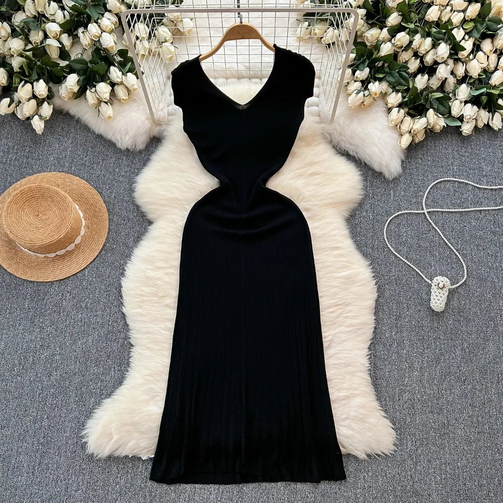 Women Chic Sleeveless Sexy Slim Bodycon Solid Dress Fashion Knit Tight Vestido Elegant Slim Trumpet Dresss