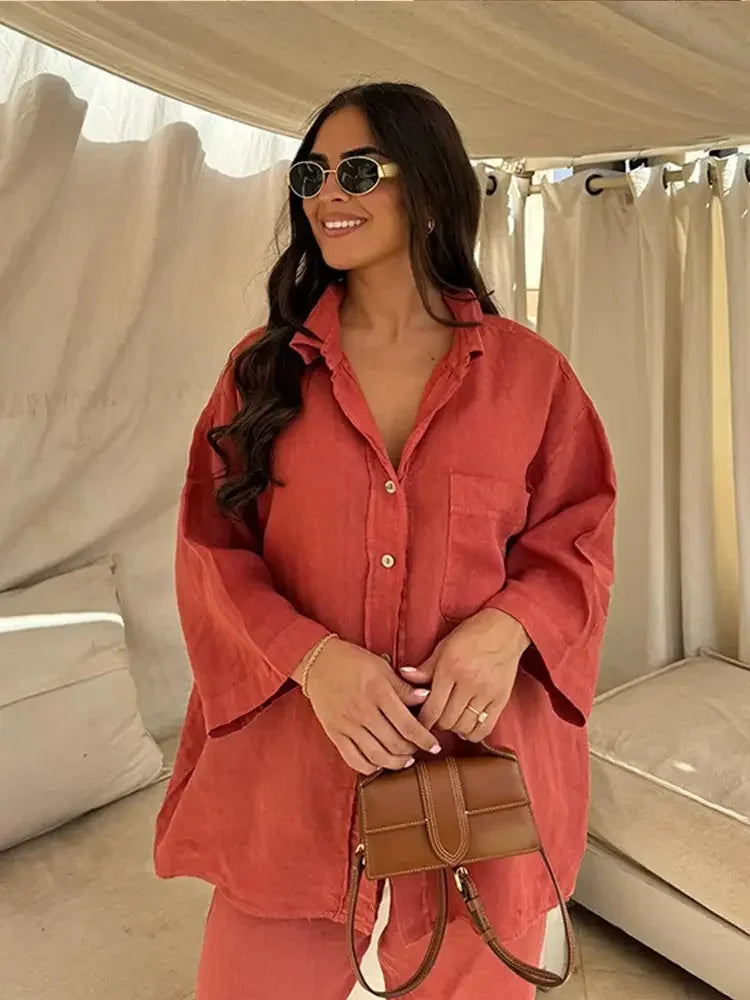 Casual Solid Elastic Waist Pant 2 Pcs Set Women Fashion Lapel V Neck Long Sleeve Single Breasted Shirt Suits Lady Loose Homewear