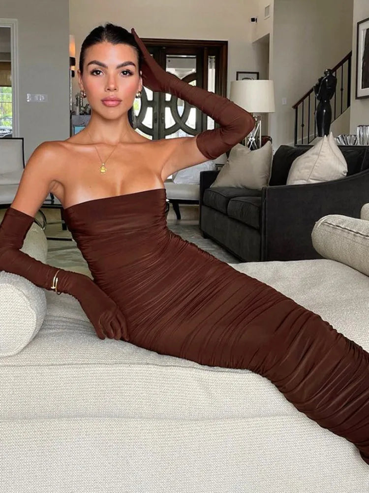 Sleeve Long Dress For Women Gown Summer Off-shoulder Backless Ruched Maxi Dress Vestido