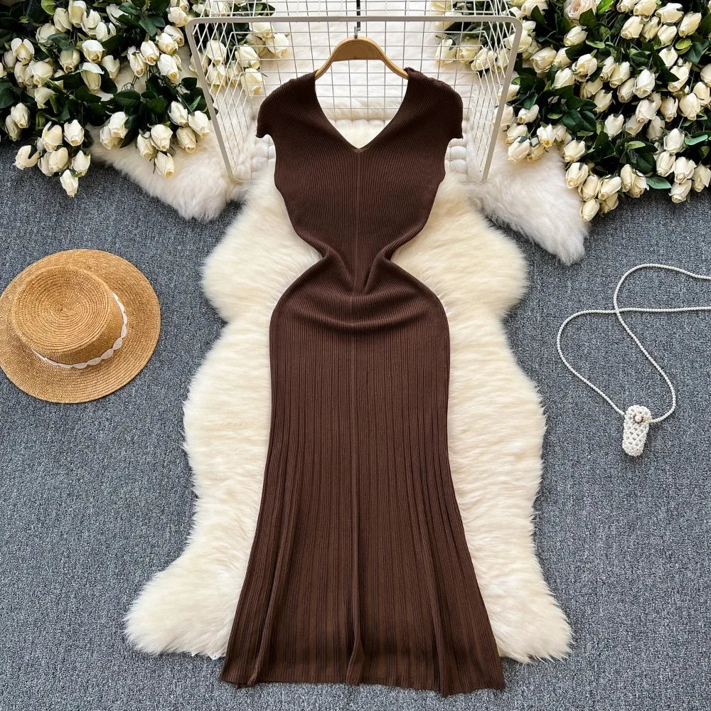 Women Chic Sleeveless Sexy Slim Bodycon Solid Dress Fashion Knit Tight Vestido Elegant Slim Trumpet Dresss