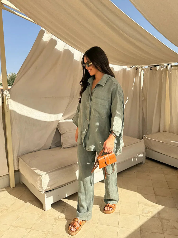 Chic Loose Solid Cotton Linen Shirt Pants Sets For Women 2 Pieces Lapel Long Sleeves Single Breast Blouse Straight Trousers Suit