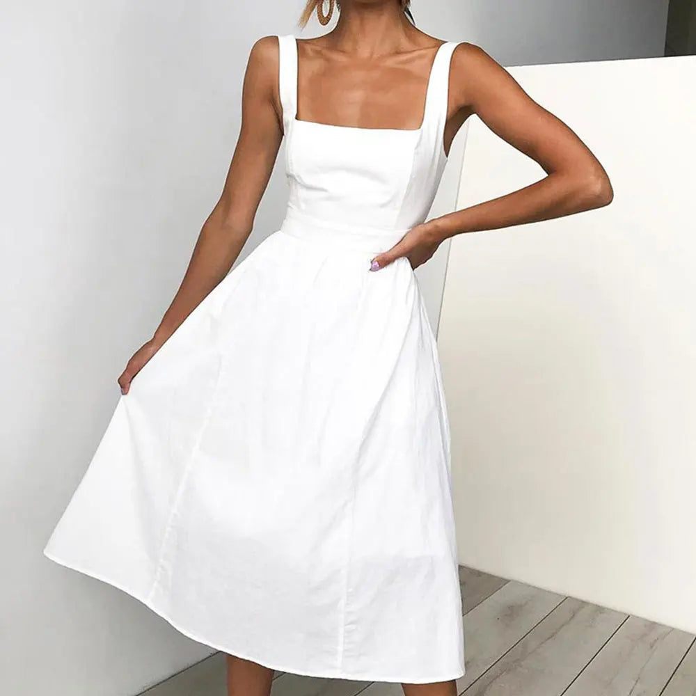 Casual Simple Solid Sundress Women High Waist Sleeveless Slash Neck Midi A-line Dress Oversized White Black Red Long Dresses