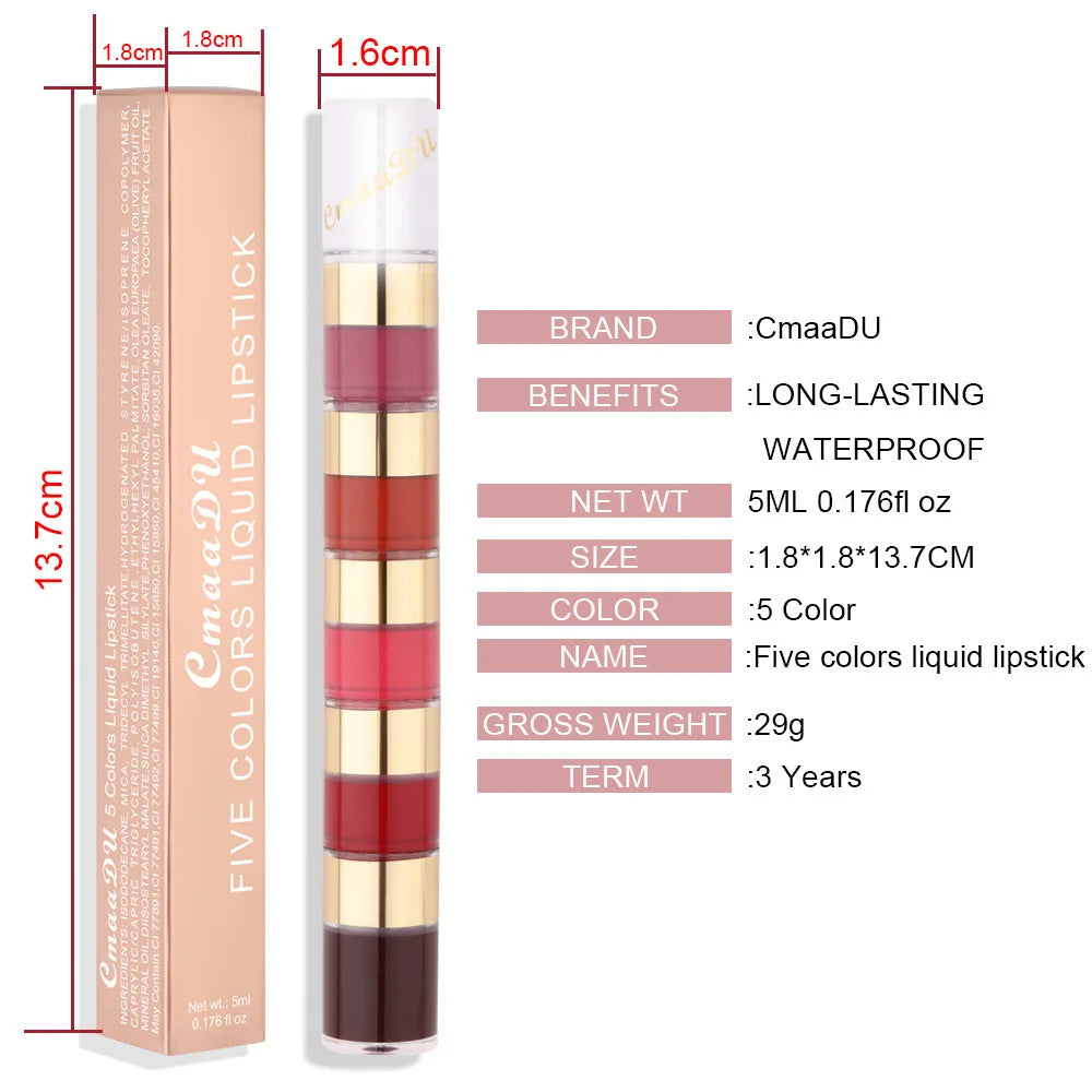 5 In 1 Matte Lipstick Kit Combo Strip Velvet Sexy Red Lip Tint Non-stick Cup Lip Gloss Lip Oil Makeup Lips Cosmetic Set
