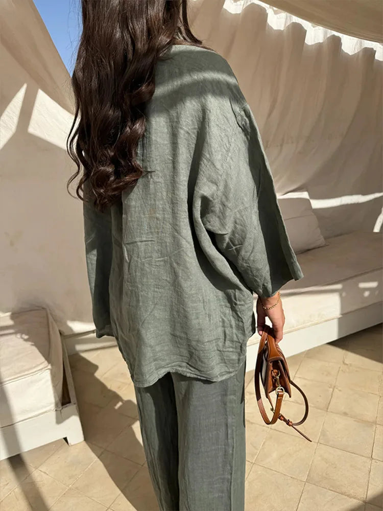 Chic Loose Solid Cotton Linen Shirt Pants Sets For Women 2 Pieces Lapel Long Sleeves Single Breast Blouse Straight Trousers Suit