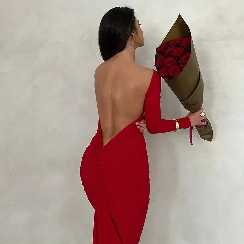 Backless Maxi Dress Elegant Red Long Sleeve Sexy Ruched Bodyocn Evening Party Dress for Women 2023 Spring Slim Christmas Outfits