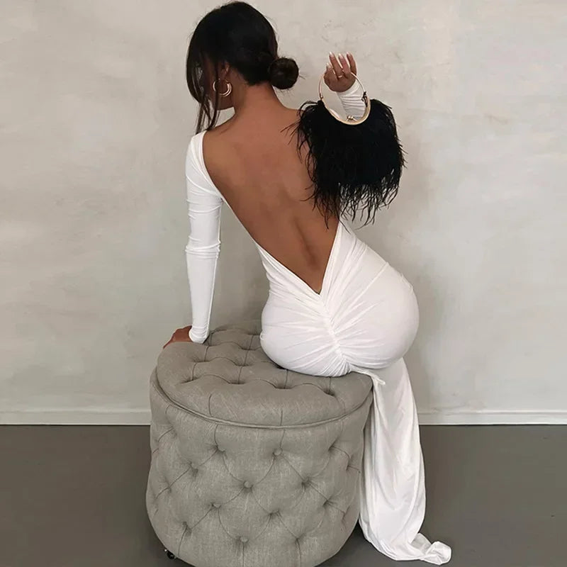 Backless Maxi Dress Elegant Red Long Sleeve Sexy Ruched Bodyocn Evening Party Dress for Women 2023 Spring Slim Christmas Outfits
