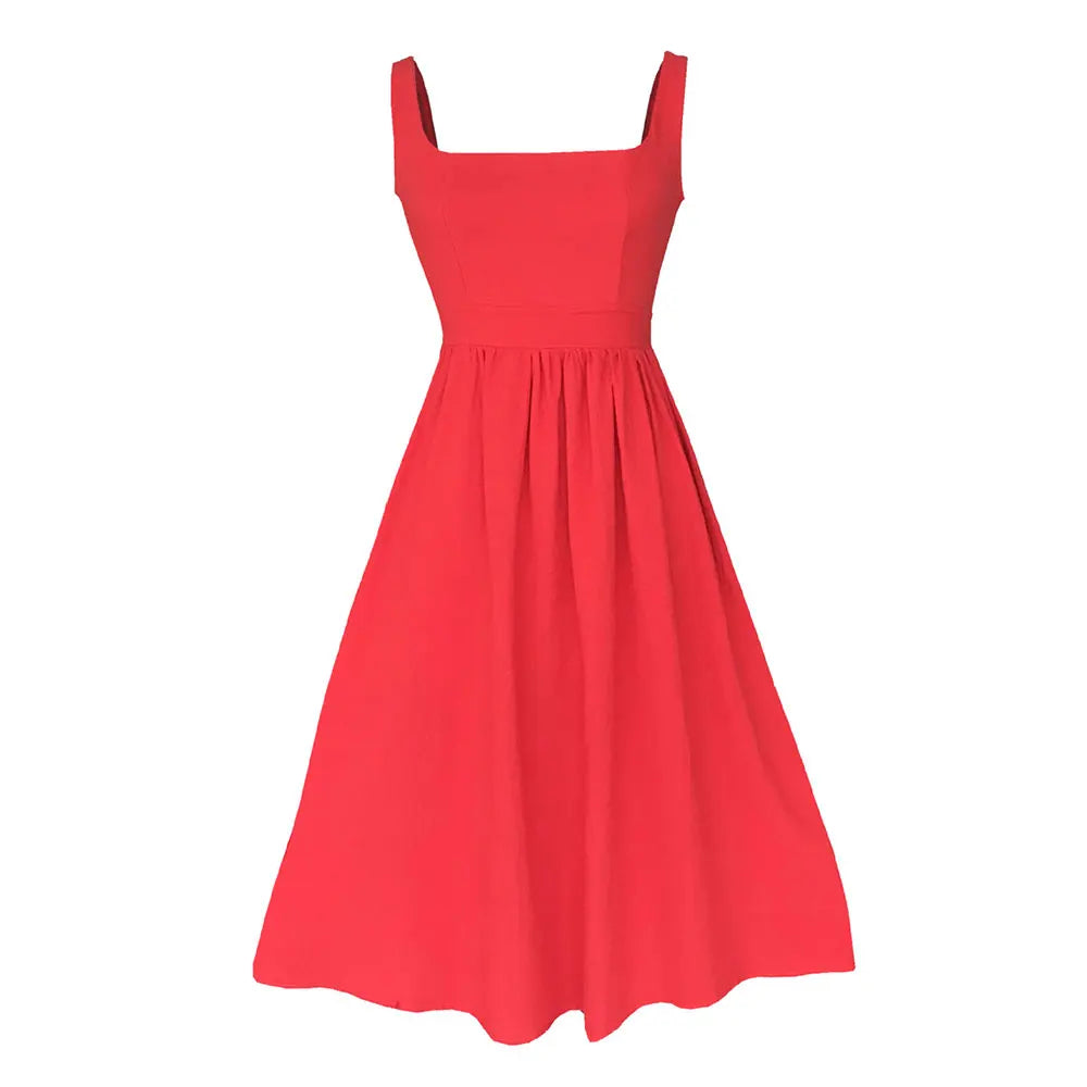 Casual Simple Solid Sundress Women High Waist Sleeveless Slash Neck Midi A-line Dress Oversized White Black Red Long Dresses