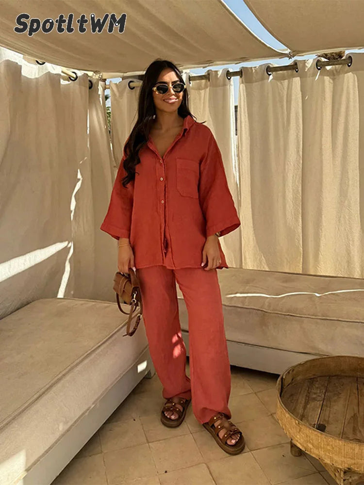 Casual Solid Elastic Waist Pant 2 Pcs Set Women Fashion Lapel V Neck Long Sleeve Single Breasted Shirt Suits Lady Loose Homewear