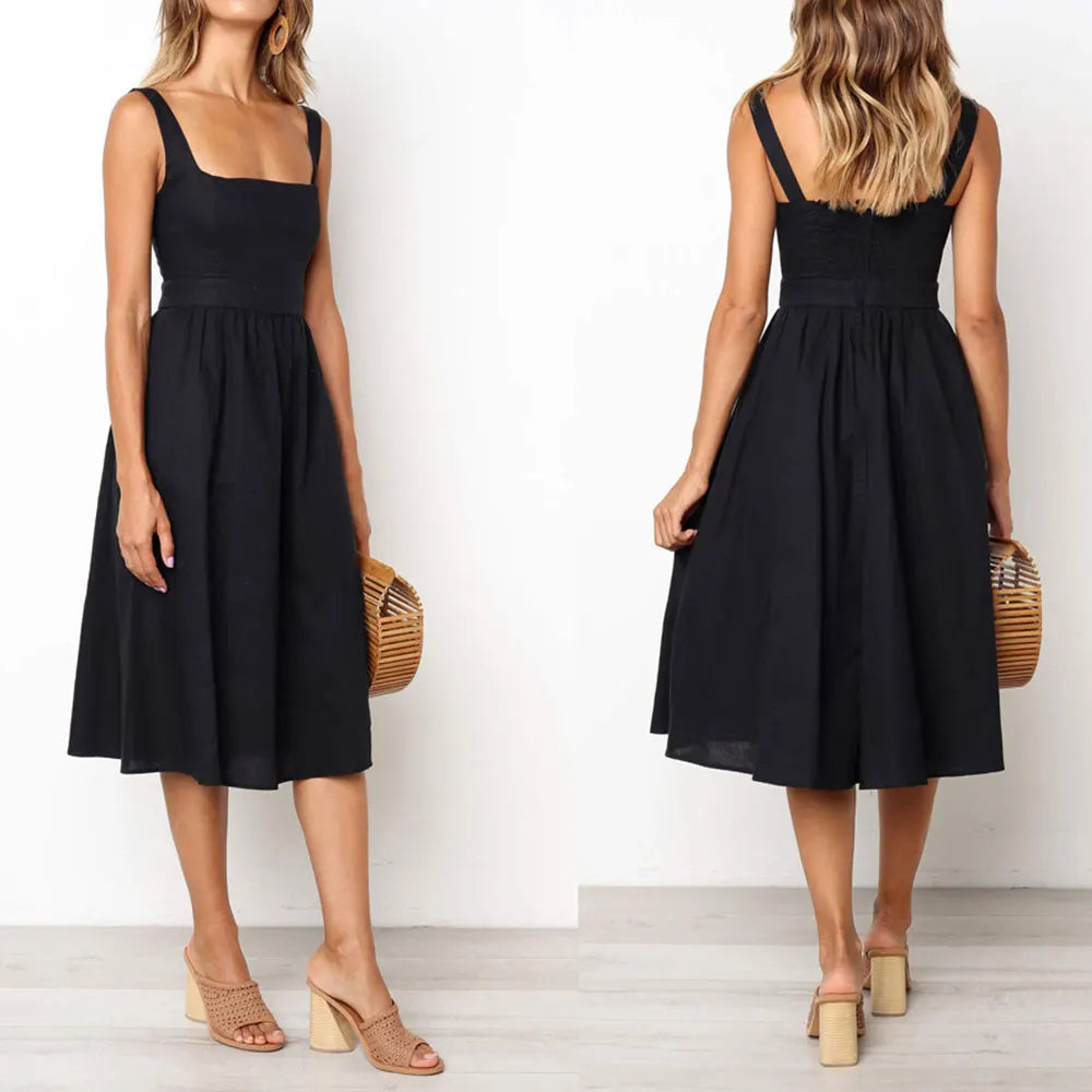 Casual Simple Solid Sundress Women High Waist Sleeveless Slash Neck Midi A-line Dress Oversized White Black Red Long Dresses