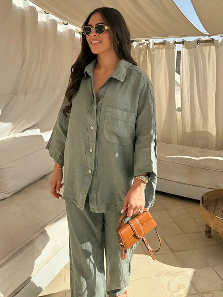Casual Solid Elastic Waist Pant 2 Pcs Set Women Fashion Lapel V Neck Long Sleeve Single Breasted Shirt Suits Lady Loose Homewear