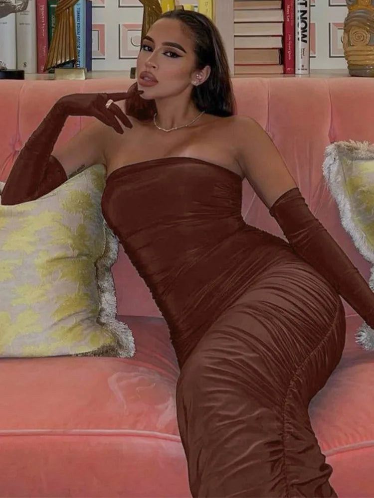 Sleeve Long Dress For Women Gown Summer Off-shoulder Backless Ruched Maxi Dress Vestido