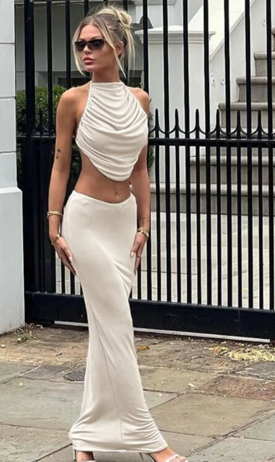 Solid Hipster 2 Piece Set Women Elegant Simple Ruched Bare Midriff Top+Slim Full Skirts Lady High Street Coordinate Outfit
