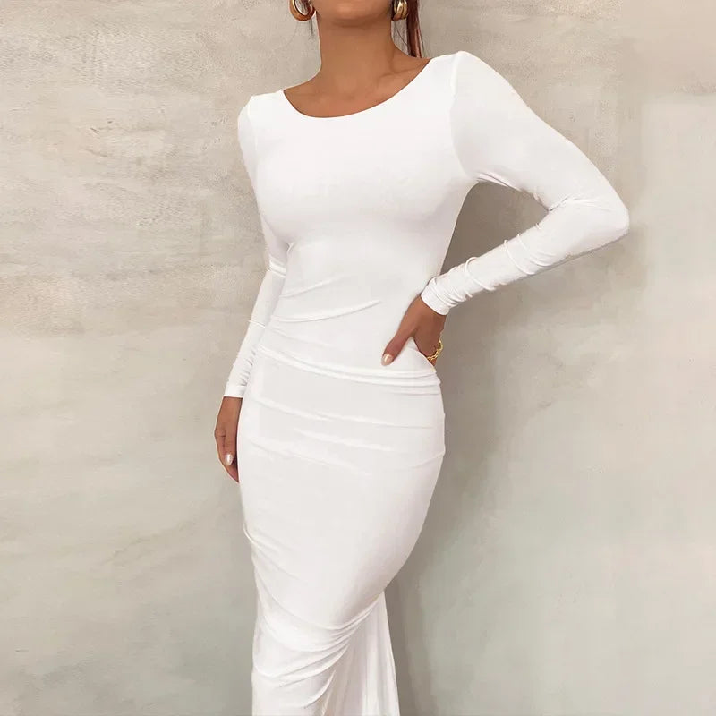 Backless Maxi Dress Elegant Red Long Sleeve Sexy Ruched Bodyocn Evening Party Dress for Women 2023 Spring Slim Christmas Outfits