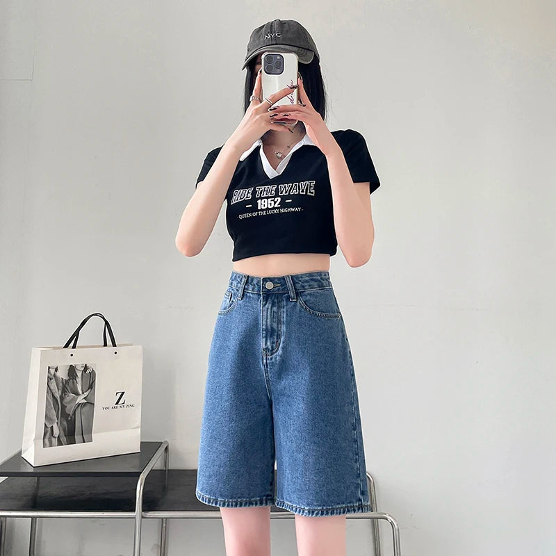 2024 Summer New Women Shorts Jeans Baggy Straight Vintage Streetwear Jeans Shorts Women Clothing Blue Black  Y2K