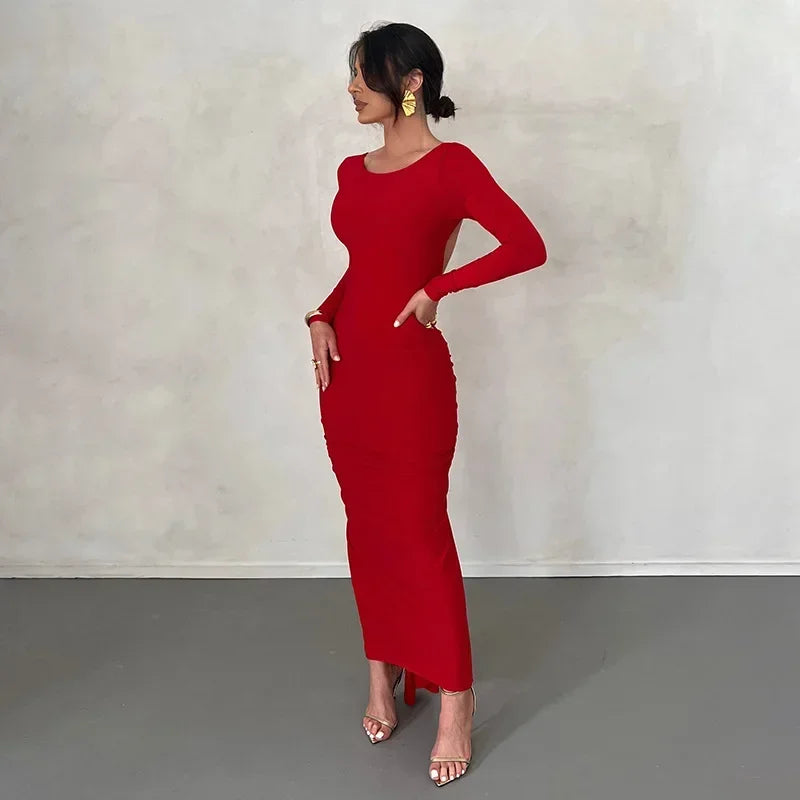 Backless Maxi Dress Elegant Red Long Sleeve Sexy Ruched Bodyocn Evening Party Dress for Women 2023 Spring Slim Christmas Outfits