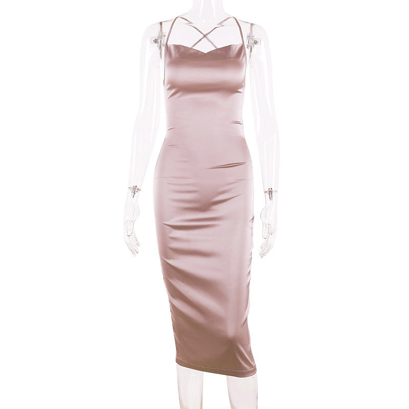 Tactical Zura-Women's neon satin lace-up mid-length dress, elegant